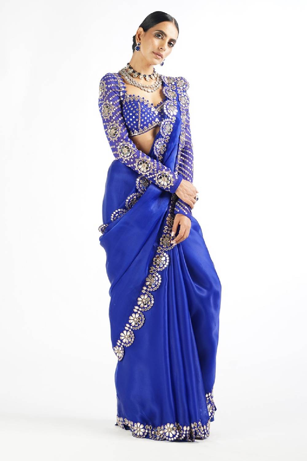 Royal Blue Mirror Work Blouse Saree Set
